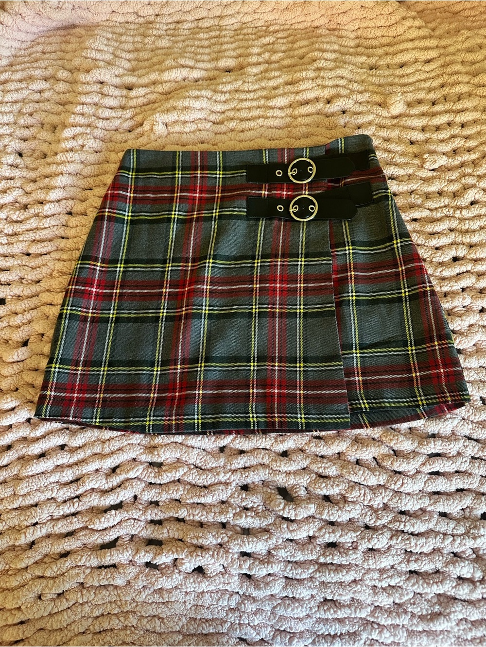 Forever 21 Red and Grey, Yellow Plaid Mini Skirt with Buckle Straps